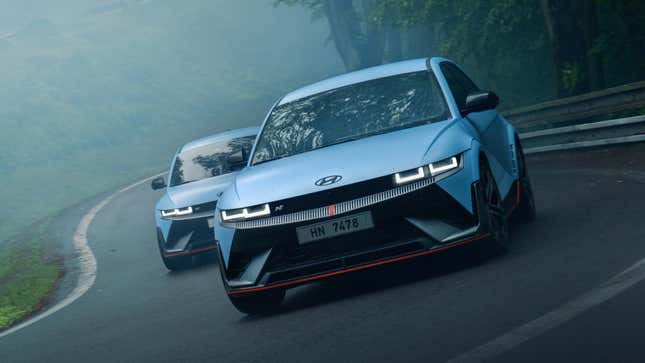 A photo of a blue Hyundai Ioniq 5N on track. 