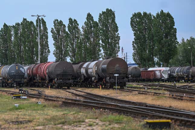 Hundreds of Rail Tank Cars are pictured at the train cargo line of the LOTOS Oil Refinery on June 06, 2022 in Gdansk, Poland.