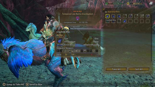 The Appraisal Box screen after finishing a Tempered Lala Barina hunt, highlighting a Cracked Disk material.