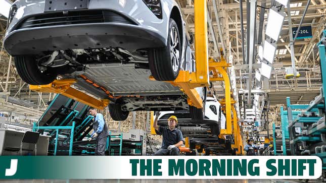 A photo of an EV assembly line at a factory. 