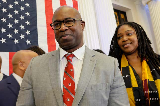 NEW YORK, NEW YORK - DECEMBER 19: Rep. Jamaal Bowman (D-NY) watches as New York Gov. Kathy Hochul greets people after signing legislation creating a commission for the study of reparations in New York on December 19, 2023 in New York City.