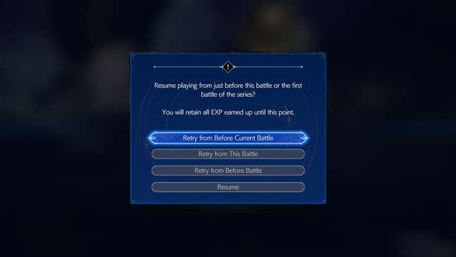 A menu screen from Final Fantasy 7 Rebirth shows different options for resetting a battle.
