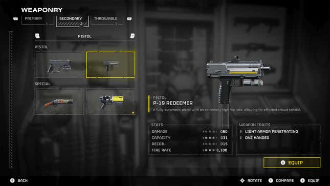 P-19 Redeemer weapon selection page in Helldivers 2.