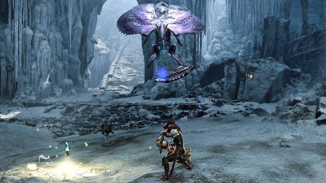 A Hirabami with a glowing blue Tempered wound prepares to attack a hunter next to a Shock Trap.