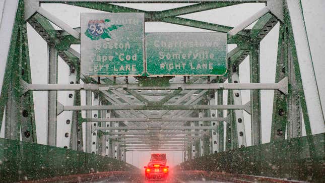 A bridge in Boston covered in snow 