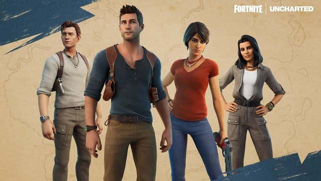Fortnite's character skins for Nathan Drake and Chloe Frazier in Uncharted, modeled after their game and film versions. 