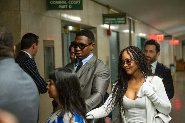 Actor Jonathan Majors, and his girlfriend, Meagan Good, flanked by his lawyer Priya Chaudhry, arrive to Manhattan Criminal Court for his pre-trial hearing on August 03, 2023 in New York City. If convicted, Majors could face up to a year in jail over misdemeanor charges of assault and harassment. 