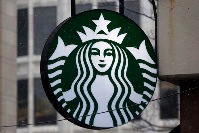 FILE - This Tuesday, March 14, 2017, file photo shows the Starbucks logo on a shop in downtown Pittsburgh. Starbucks reports earnings on Thursday, Nov. 2, 2023. (AP Photo/Gene J. Puskar, File)