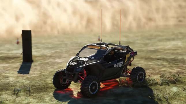 A screenshot shows the new dune buggy as it appears in Flight Sim. 