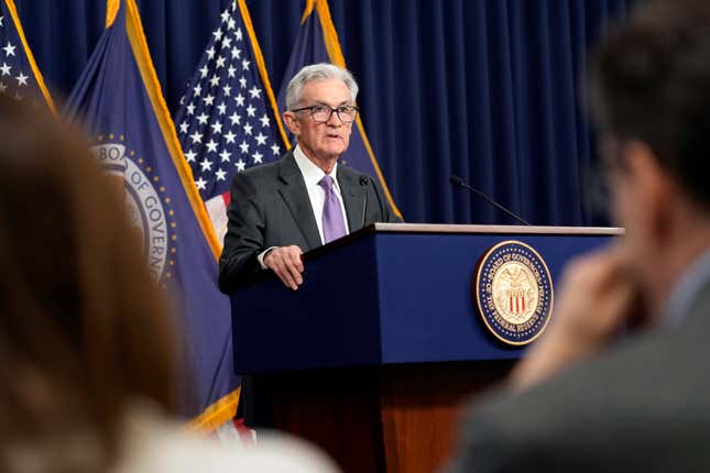 FILE - Federal Reserve Board chair Jerome Powell speaks during a news conference the Federal Reserve in Washington, March 20, 2024. On Wednesday, April 10, 2024, the Federal Reserve releases minutes from its March meeting, when it kept its key short-term interest rate unchanged for a fifth straight time. (AP Photo/Susan Walsh, File)