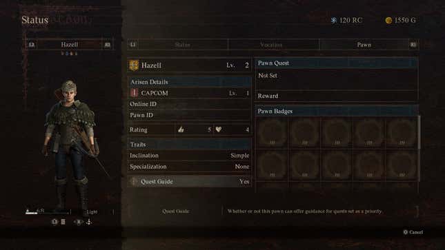 A pawn's status page.