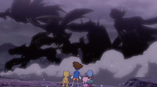 Agumon, Taichi, Piyomon, and Sora learning about the history of the Digital World.