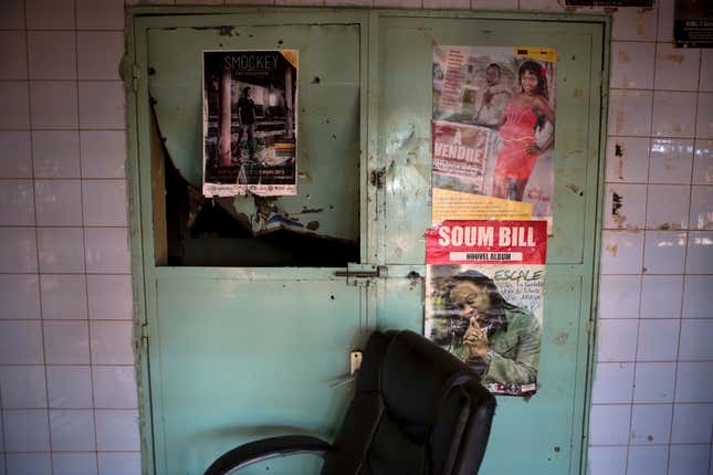 The damaged entrance of rapper and activist Smockey's recording studio, which according to neighbours was attacked by members of the presidential guard, is seen in Ouagadougou.