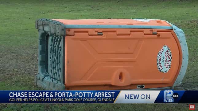 Screenshot of a news report about a car thief who was trapped in an overturned port-a-potty