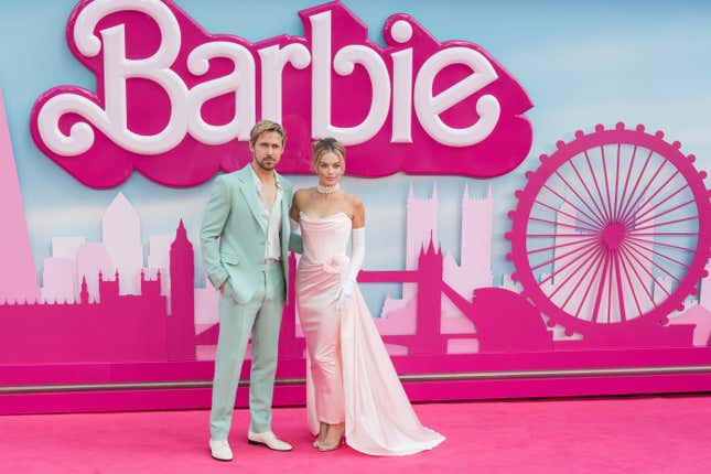 Australian actress Margot Robbie and Canadian actor Ryan Gosling pose on the pink carpet upon arrival for the European premiere of “Barbie” in central London on July 12, 2023