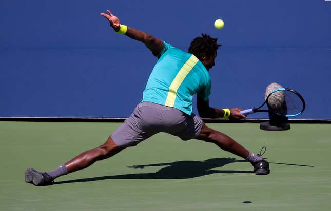 Gael Monfils, of France, returns a shot from Jeremy Chardy, of France, during the first round of the U.S. Open tennis tournament, Wednesday, Aug. 30, 2017, in New York. (AP Photo/Seth Wenig)