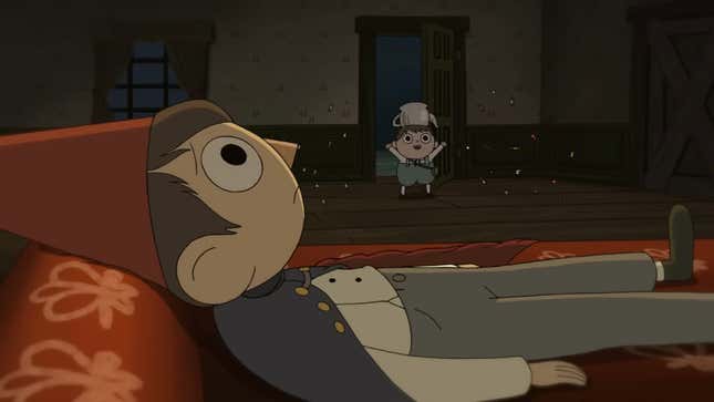 A screenshot of Over the Garden Wall showing Wirt laying down in the foreground. His younger brother Greg is in the background throwing candy in front of an open door.