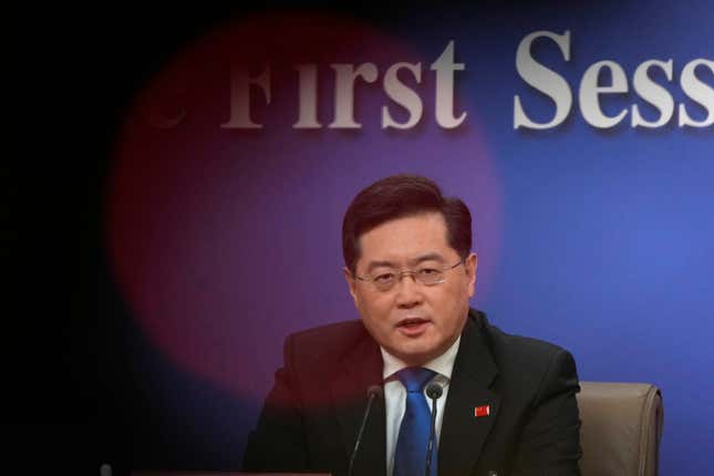 FILE - Then Chinese Foreign Minister Qin Gang speaks during a press conference held on the sidelines of the annual meeting of China&#39;s National People&#39;s Congress (NPC) in Beijing, Tuesday, March 7, 2023. China&#39;s government ministers typically hold their posts for five years, but Qin Gang was dismissed as foreign minister last year after only a few months on the job. To this day, the government has not said what happened to him and why. (AP Photo/Mark Schiefelbein, File)