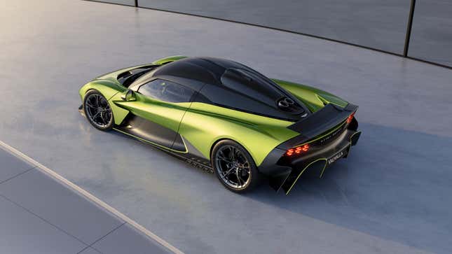 Rear 3/4 view of a green Aston Martin Valhalla