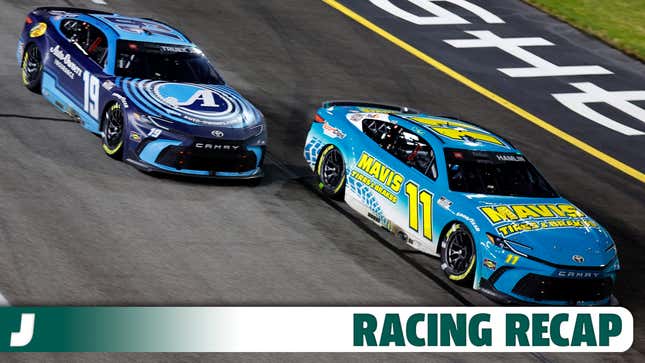 Denny Hamlin, driver of the #11 Mavis Tires & Brakes Toyota, leads Martin Truex Jr., driver of the #19 Auto-Owners Insurance Toyota, on the restart to win the NASCAR Cup Series Toyota Owners 400 at Richmond Raceway on March 31, 2024 in Richmond, Virginia.