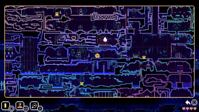 Uma captura de tela mostra a tela do mapa do Animal Well, mostrando o personagem do jogador no local descrito abaixo no guia.