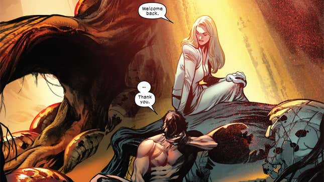 Scott Summers awakens next to a waiting Emma Frost after being resurrected in X-Men #7.
