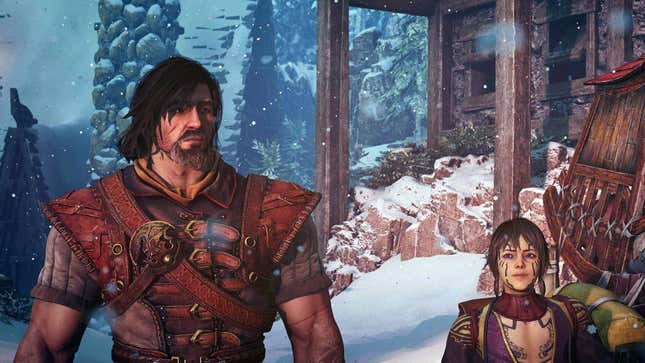 The protagonist and NPC of Blades of Fire stand side-by-side.
