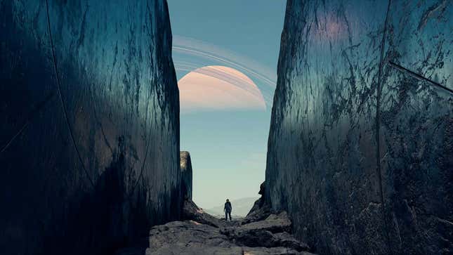A lone astronaut wanders through ruins. 