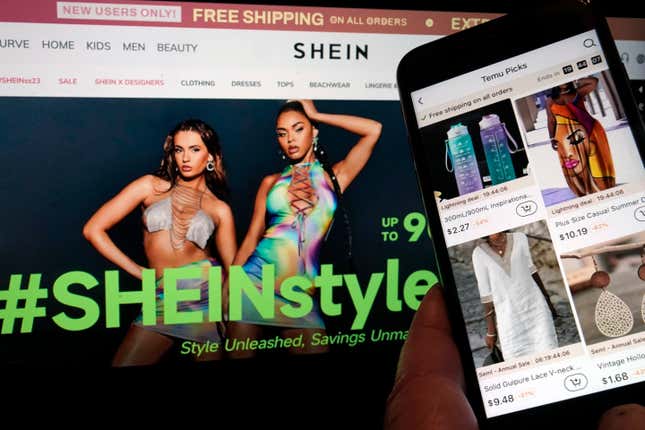 FILE - Pages from the Shein website, left, and from the Temu site, right, are shown in this photo, in New York, Friday, June 23, 2023. Online fast-fashion retailer Shein must face the European Union&#39;s strictest level of digital regulations, the bloc said on Friday, April 26, 2024 as it added the company to its list of big platforms that need extra scrutiny. (AP Photo/Richard Drew, File)