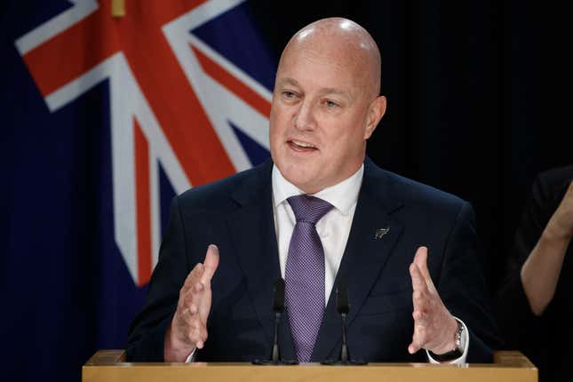 New Zealand Prime Minister Christopher Luxon gestures during his first post-Cabinet press conference at Parliament in Wellington, New Zealand, Wednesday, Nov. 29, 2023. (Mark Mitchell/New Zealand Herald via AP)