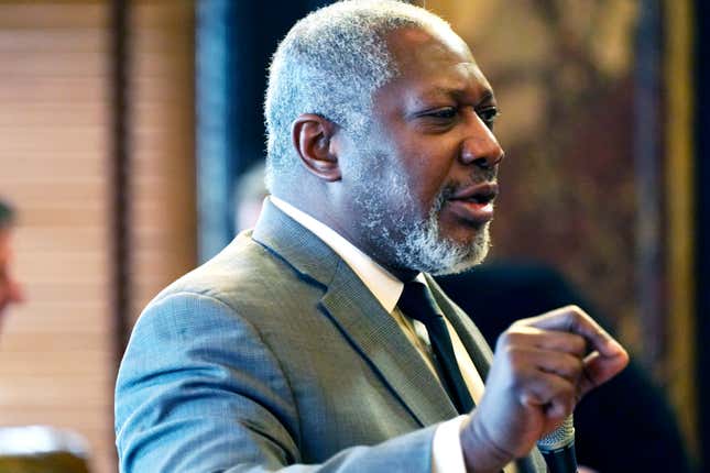 Sen. John Horhn, D-Jackson, asks a question during a bill debate at the Mississippi State Capitol in Jackson, Miss., Jan. 12, 2022. Horhn was among the Black lawmakers who walked out of the Senate Chamber in protest Friday, Jan. 21 and withheld their votes as the body passed a bill that would ban schools from teaching critical race theory.