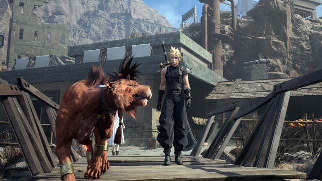 Red XIII and Cloud walk across a bridge.