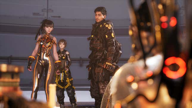 Stellar Blade protagonist Eve, alongside Lilly (middle) and Adam (right), stare at a foreground character named Orcal.