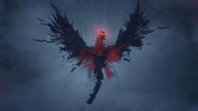 Uno de los peones del YouTuber Ruba en Dragon's Dogma 2 se transforma en un dragón sombrío de ojos rojos después de contraer la enfermedad Dragonsplague.