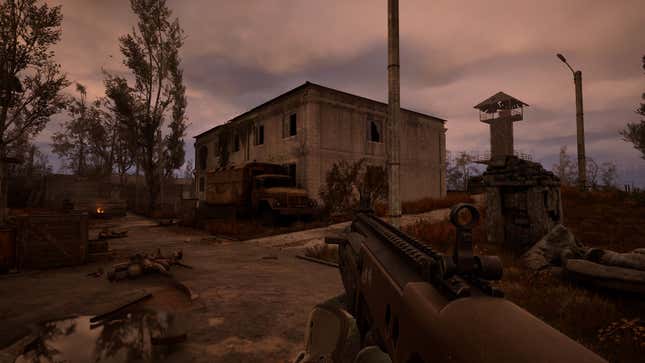 The player is standing outside an abandoned army warehouse.