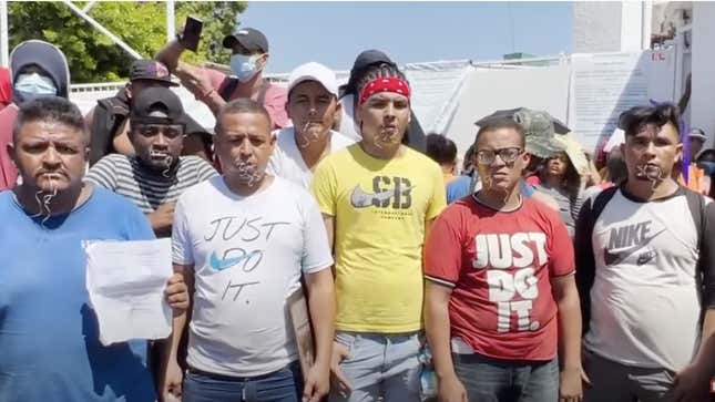 Image for article titled Migrants at the Mexican Border Sew Their Mouths Shut In Protest