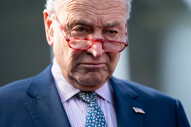 FILE - Senate Majority Leader Sen. Chuck Schumer of N.Y., talks with reporters after meeting with President Joe Biden at the White House, Oct. 31, 2023, in Washington. The Senate is heading for a vote on a temporary government funding package as lawmakers sought to keep the holiday season free from any suspense over a government shutdown. Senators were trying to speed forward on the funding package on Wednesday. (AP Photo/Evan Vucci)