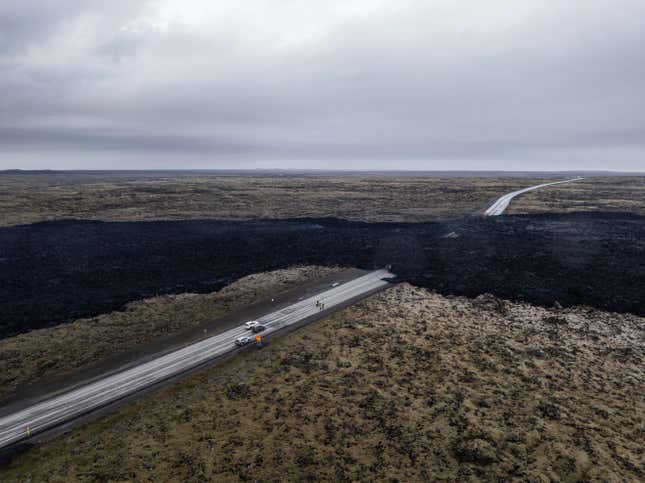 A lava flow blocks a road in southwestern Iceland.