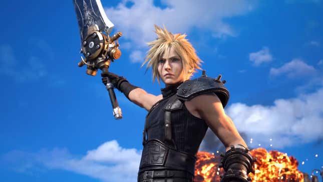 Cloud holds up a sword while an explosion goes off behind him.