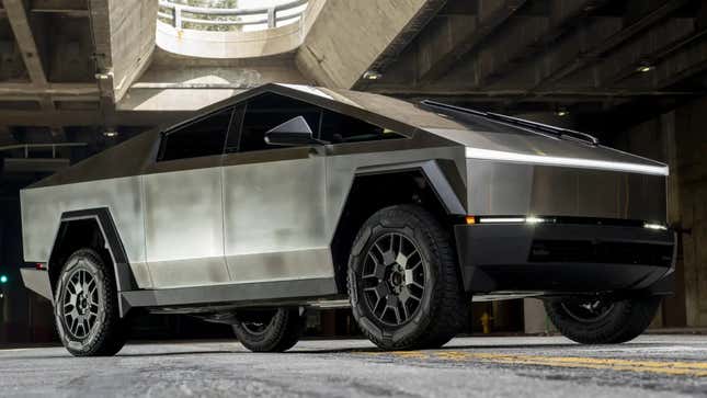 A photo of a Tesla Cybertruck parked underground. 