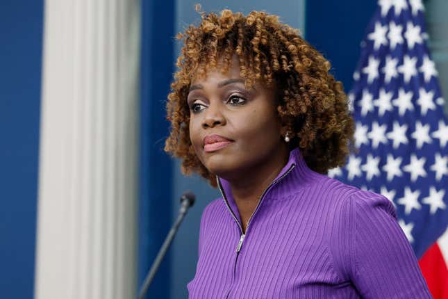 WASHINGTON, DC - MARCH 15: White House Press Secretary Karine Jean-Pierre speaks alongside White House National Security Communications Advisor John Kirby during a daily news briefing at the James S. Brady Press Briefing Room of the White House on March 15, 2024 in Washington, DC. 