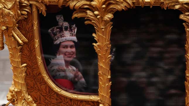 A visual display of Queen Elizabeth II during her coronation 1953 in the Gold State  Coach during the Platinum Jubilee Pageant outside Buckingham Palace in  London on June 5, 2022