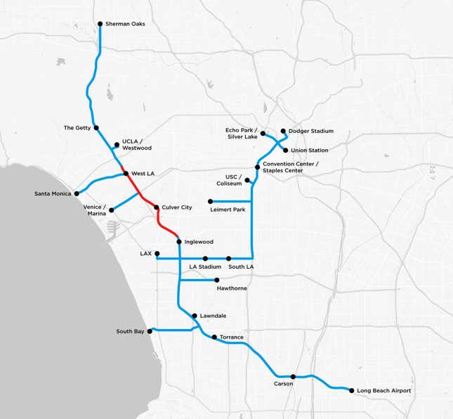 Image for article titled Elon Musk just published a map of the new subway he wants to build for Los Angeles
