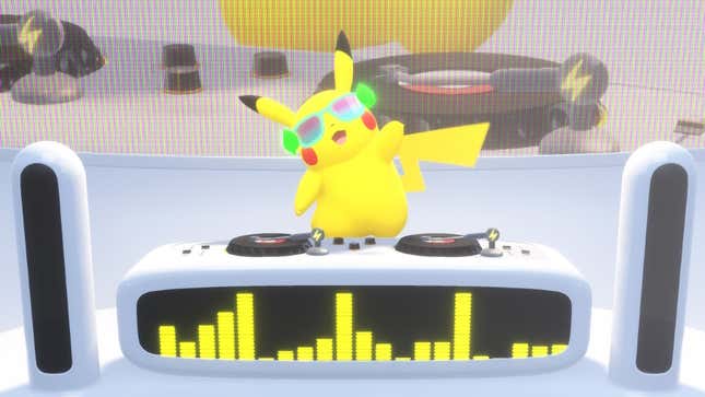 DJ Pikachu at his decks, wearing hella shades.
