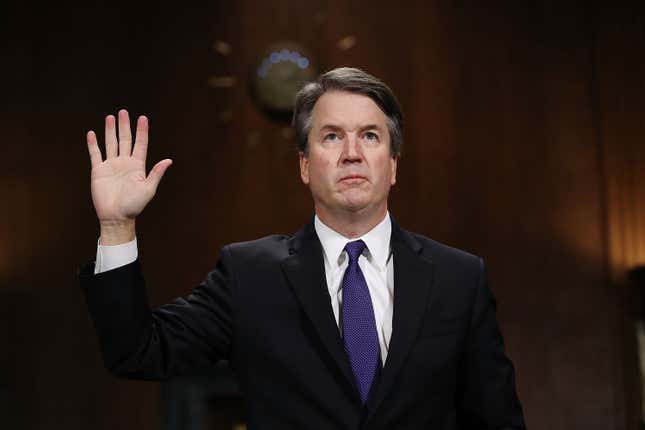 Brett Kavanaugh, U.S. Supreme Court associate justice nominee for U.S. President Donald Trump, is sworn in during a Senate Judiciary Committee hearing in Washington, D.C., U.S., on Thursday, Sept. 27, 2018.