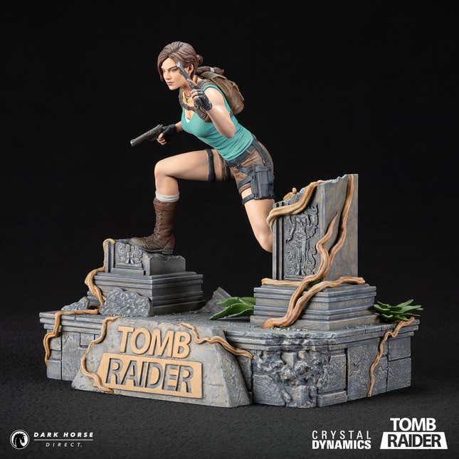 A shot of the Lara Croft statue from the side.