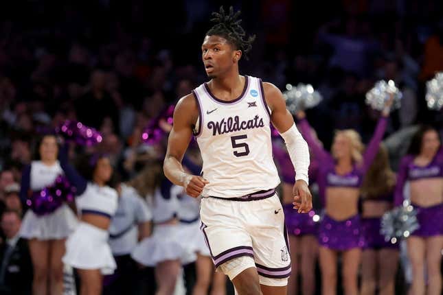 Mar 23, 2023; New York, NY, USA; Kansas State Wildcats guard Cam Carter (5) reacts during the second half against the Michigan State Spartans at Madison Square Garden.