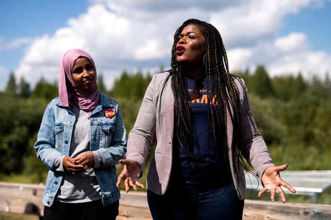 PARK RAPIDS, MN - SEPTEMBER 04: Rep. Cori Bush (D-MO) speaks while visiting the headwaters of the Mississippi River where the Line 3 Pipeline is being constructed on September 4, 2021 in Park Rapids, Minnesota. Bush joined other House members stating her opposition to the oil pipeline which has been opposed by multiple Native American tribes and environmental activists.