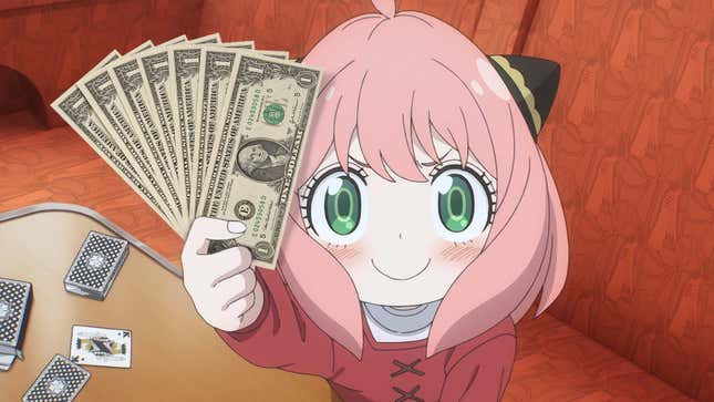 An image of Anya from Spy x Family holding a handful of dollar bills.