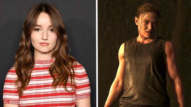 Kaitlyn Dever stands against a black backdrop with a screenshot of Abby next to the image.